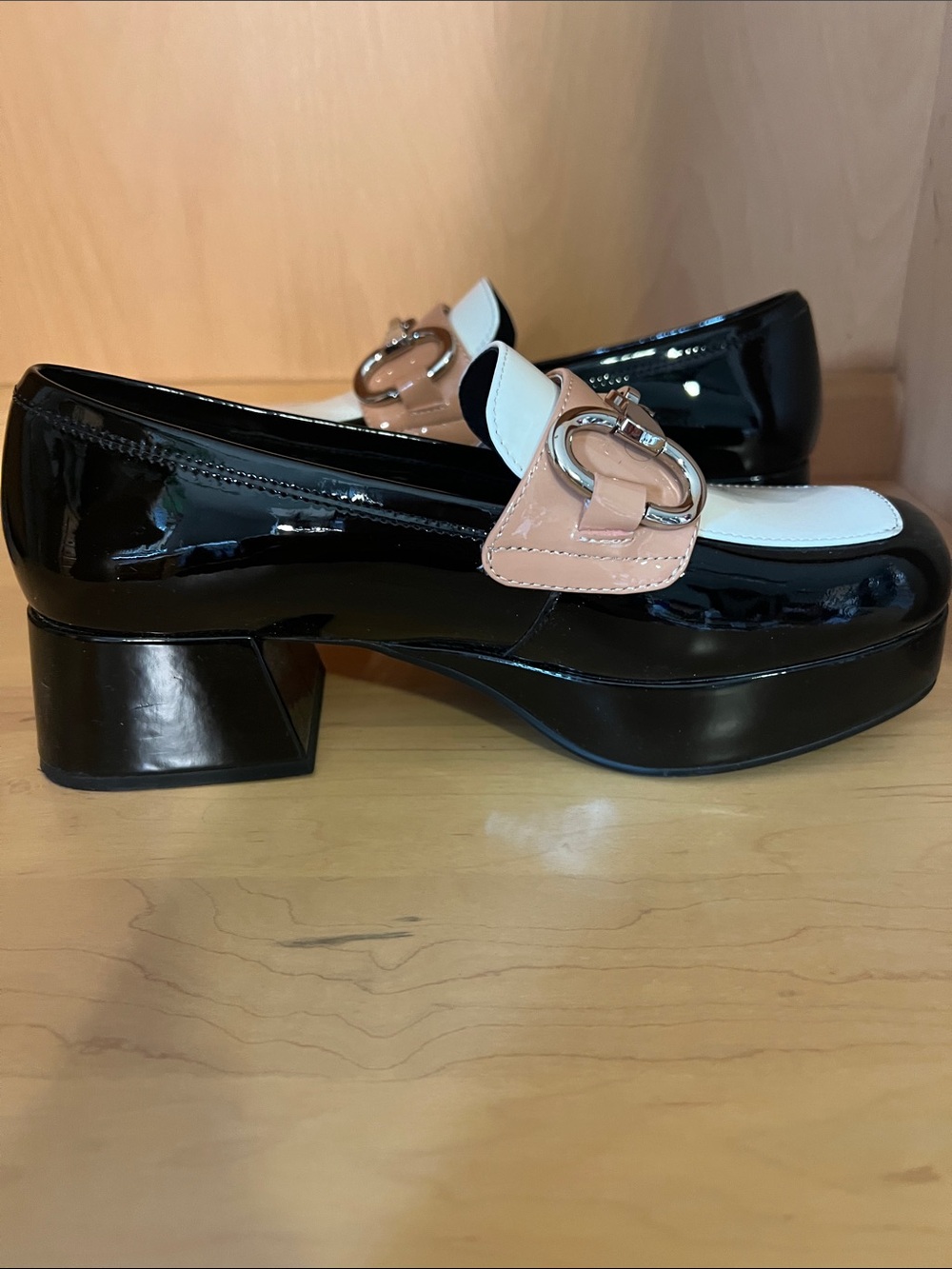 Jeffrey Campbell Black White and Beige Patent Horsebit Platform Loafers - Picture 6 of 9